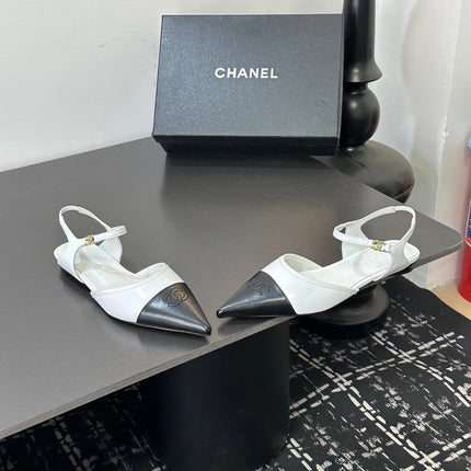 CHANEL 26S FLAT SLINGBACK IN WHITE AND BLACK POINTED-TOE LAMBSKIN