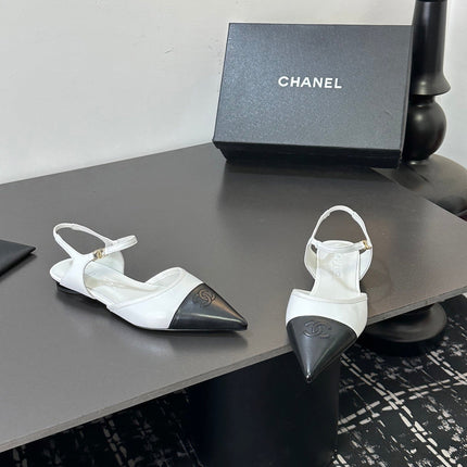 CHANEL 26S FLAT SLINGBACK IN WHITE AND BLACK POINTED-TOE LAMBSKIN