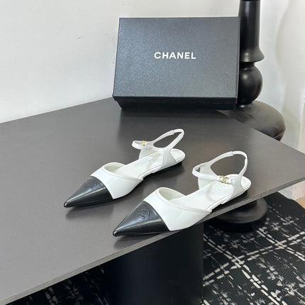CHANEL 26S FLAT SLINGBACK IN WHITE AND BLACK POINTED-TOE LAMBSKIN