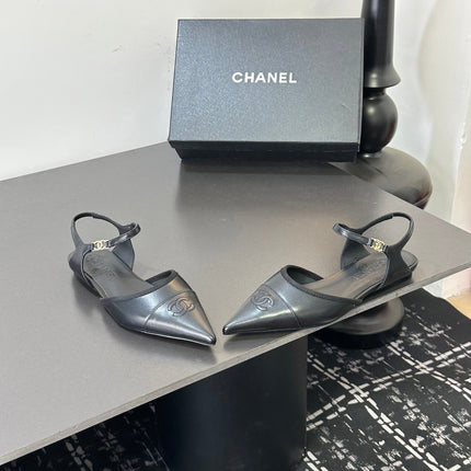 CHANEL 26S FLAT SLINGBACK SHOES IN BLACK LAMBSKIN