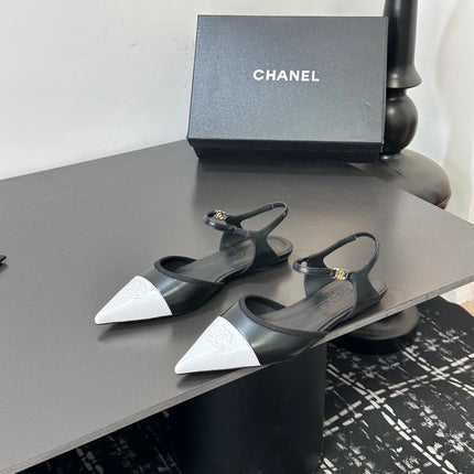CHANEL 26S FLAT POINTED-TOE SLINGBACKS  IN BLACK AND WHITE LAMBSKIN