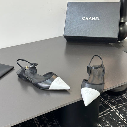 CHANEL 26S FLAT POINTED-TOE SLINGBACKS  IN BLACK AND WHITE LAMBSKIN