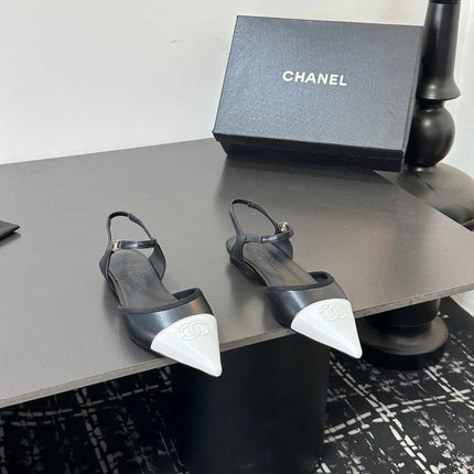 CHANEL 26S FLAT POINTED-TOE SLINGBACKS  IN BLACK AND WHITE LAMBSKIN