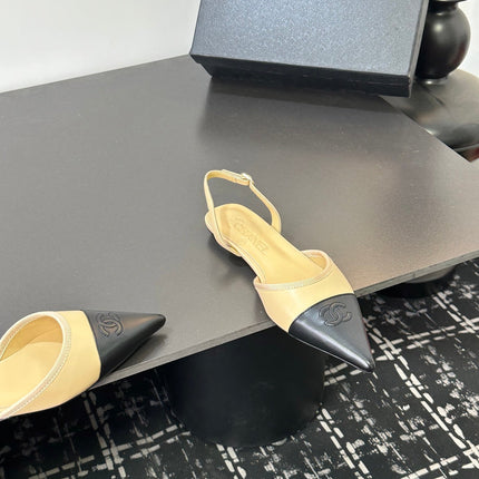 CHANEL 26S POINTED-TOE SLINGBACKS IN BEIGE AND BLACK LAMBSKIN
