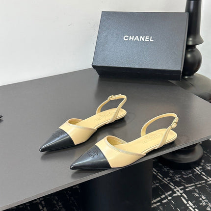 CHANEL 26S POINTED-TOE SLINGBACKS IN BEIGE AND BLACK LAMBSKIN