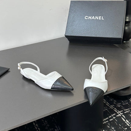 CHANEL 26S POINTED-TOE SLINGBACKS IN WHITE AND BLACK LAMBSKIN