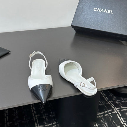 CHANEL 26S POINTED-TOE SLINGBACKS IN WHITE AND BLACK LAMBSKIN