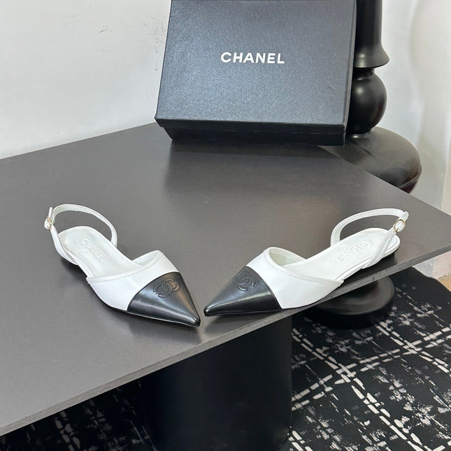 CHANEL 26S POINTED-TOE SLINGBACKS IN WHITE AND BLACK LAMBSKIN