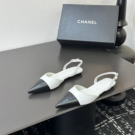 CHANEL 26S POINTED-TOE SLINGBACKS IN WHITE AND BLACK LAMBSKIN