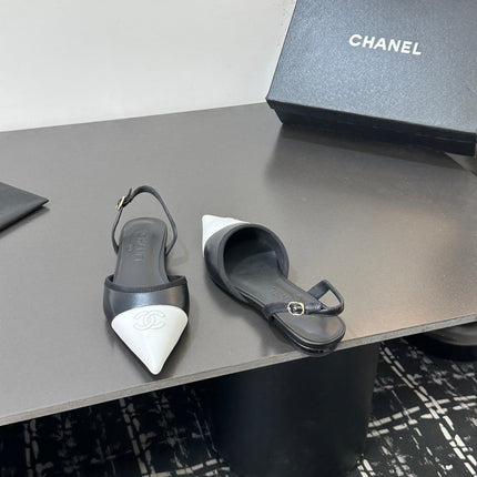 CHANEL 26S SLINGBACK FLATS IN BLACK AND WHITE LAMBSKIN