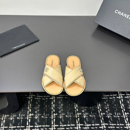 CHANEL 26S CROSS-STRAP SANDALS IN BEIGE LEATHER
