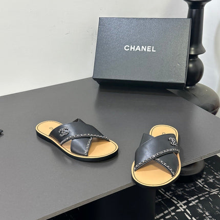CHANEL 26S CROSS-STRAP SANDALS IN BLACK LEATHER