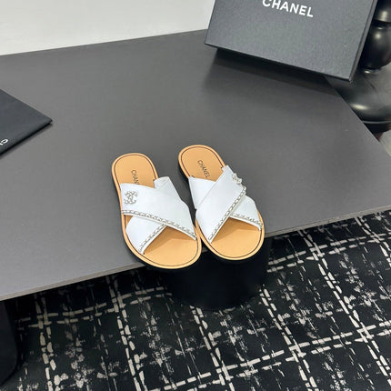 CHANEL 26S CROSS-STRAP SANDALS IN WHITE LEATHER
