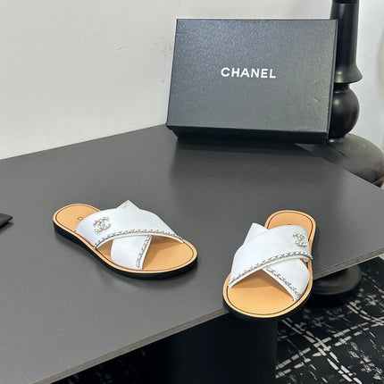 CHANEL 26S CROSS-STRAP SANDALS IN WHITE LEATHER