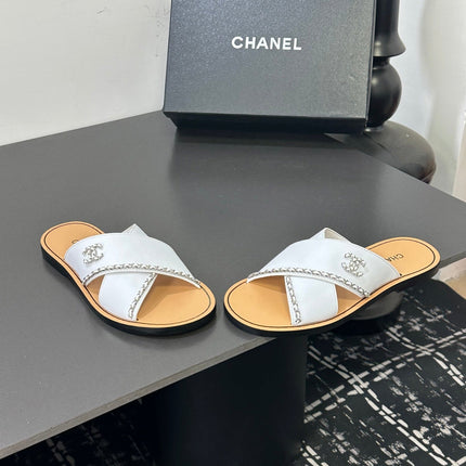 CHANEL 26S CROSS-STRAP SANDALS IN WHITE LEATHER
