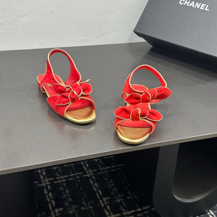 CHANEL 26S BOW SANDALS IN RED AND GOLD SUEDE