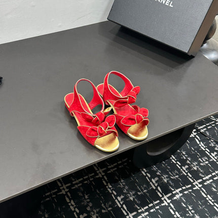 CHANEL 26S BOW SANDALS IN RED AND GOLD SUEDE