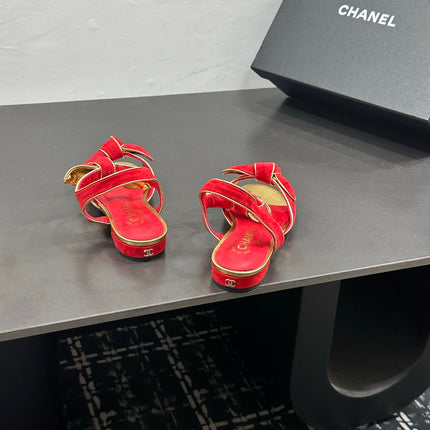 CHANEL 26S BOW SANDALS IN RED AND GOLD SUEDE
