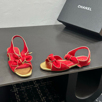 CHANEL 26S BOW SANDALS IN RED AND GOLD SUEDE
