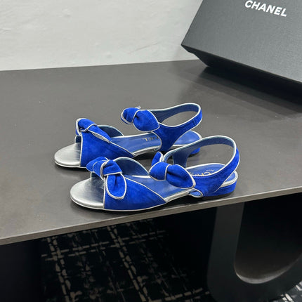 CHANEL 26S BOW SANDALS IN BLUE AND SILVER SUEDE