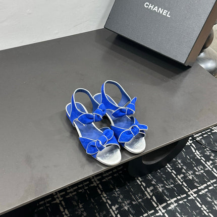 CHANEL 26S BOW SANDALS IN BLUE AND SILVER SUEDE