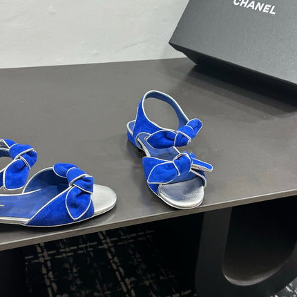 CHANEL 26S BOW SANDALS IN BLUE AND SILVER SUEDE