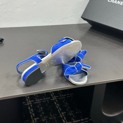 CHANEL 26S BOW SANDALS IN BLUE AND SILVER SUEDE