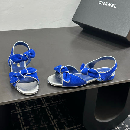 CHANEL 26S BOW SANDALS IN BLUE AND SILVER SUEDE