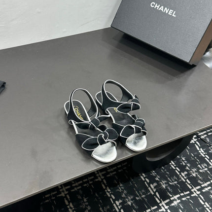 CHANEL 26S BOW SANDALS IN BLACK AND SILVER SUEDE