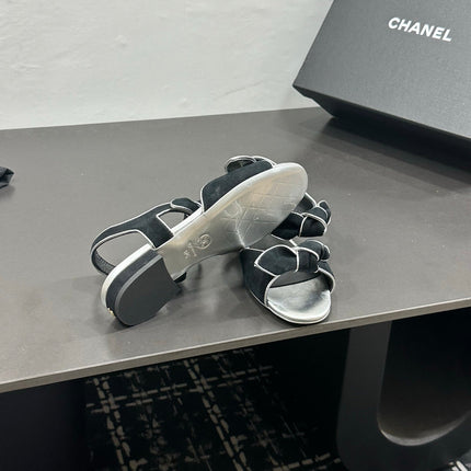CHANEL 26S BOW SANDALS IN BLACK AND SILVER SUEDE