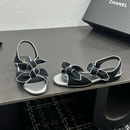 CHANEL 26S BOW SANDALS IN BLACK AND SILVER SUEDE