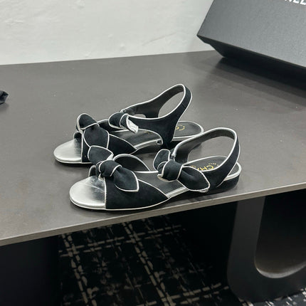 CHANEL 26S BOW SANDALS IN BLACK AND SILVER SUEDE