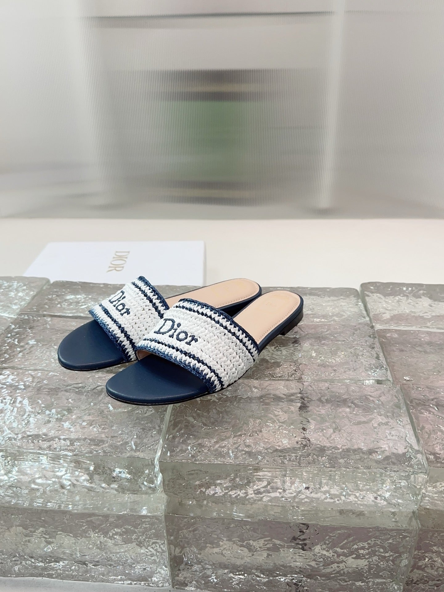 DIOR 26S WOVEN-STRAP SANDALS IN WHITE AND NAVY BLUE CALFSKIN