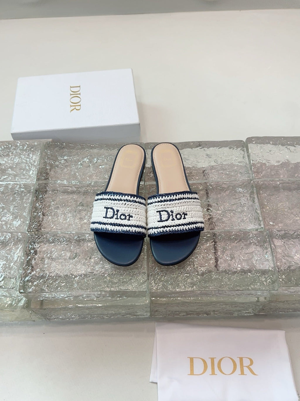 DIOR 26S WOVEN-STRAP SANDALS IN WHITE AND NAVY BLUE CALFSKIN