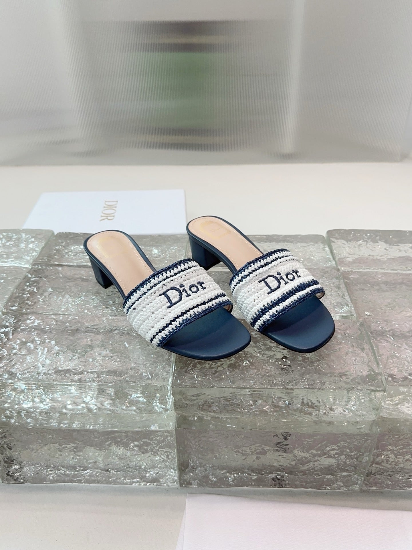 DIOR 26S WOVEN-STRAP HIGH-HEEL SANDALS IN WHITE AND NAVY BLUE CALFSKIN
