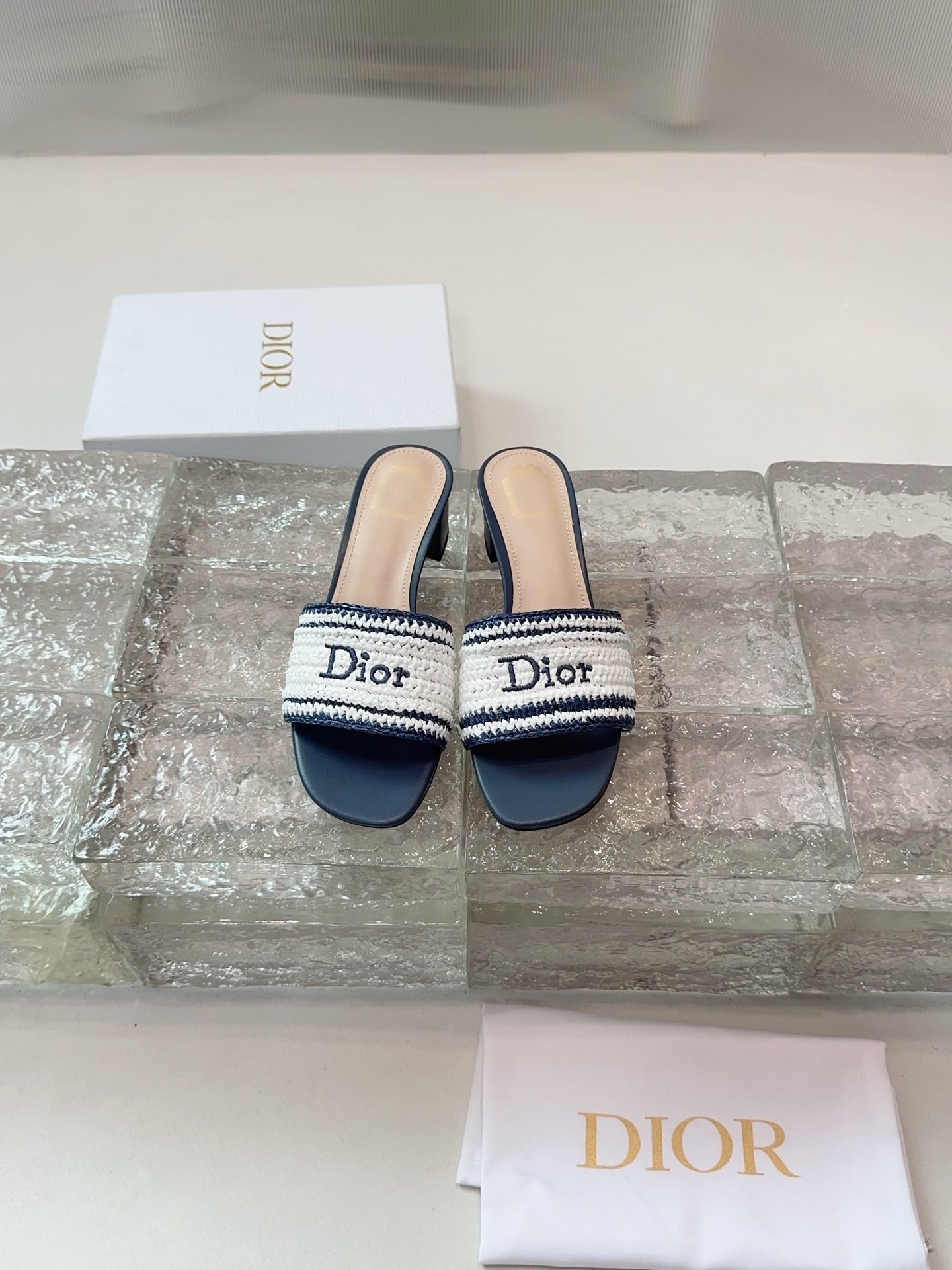 DIOR 26S WOVEN-STRAP HIGH-HEEL SANDALS IN WHITE AND NAVY BLUE CALFSKIN