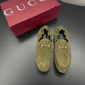 GUCCI 26S LOAFERS IN MOSS GREEN SUEDE WITH GOLD HARDWARE