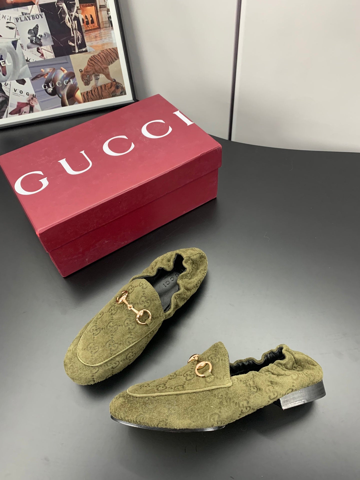 GUCCI 26S LOAFERS IN MOSS GREEN SUEDE WITH GOLD HARDWARE
