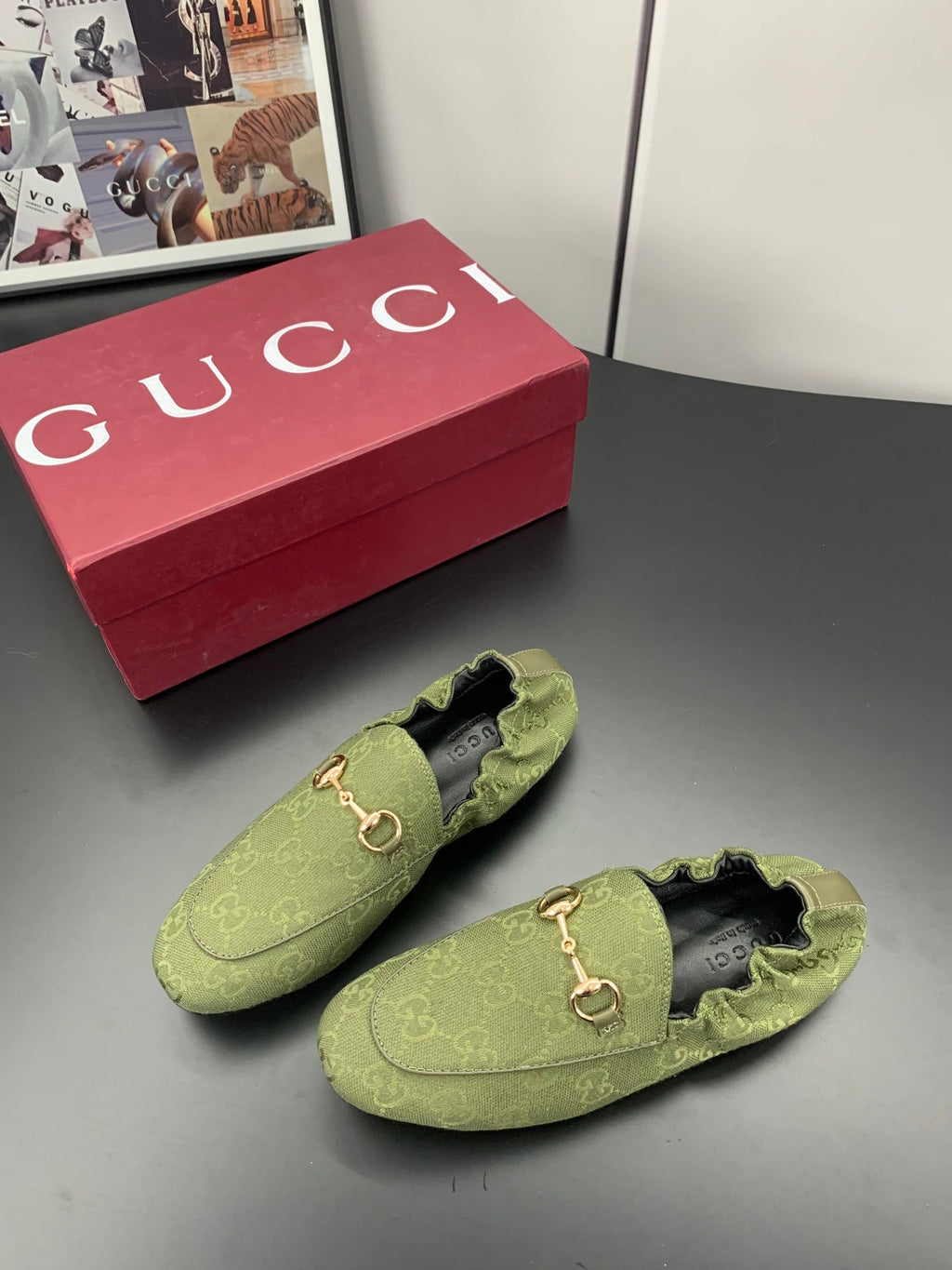 GUCCI 26S LOAFERS IN MOSS GREEN CANVAS