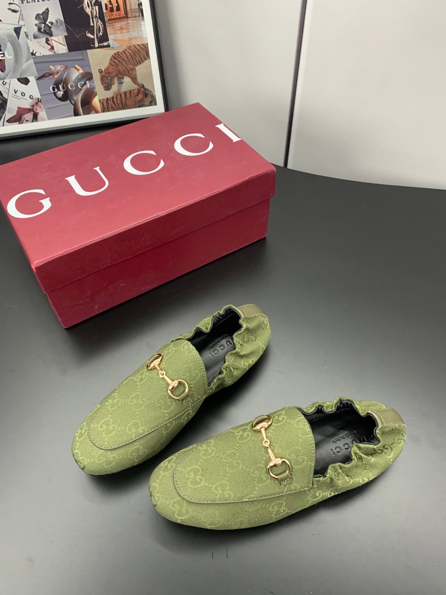 GUCCI 26S LOAFERS IN MOSS GREEN CANVAS
