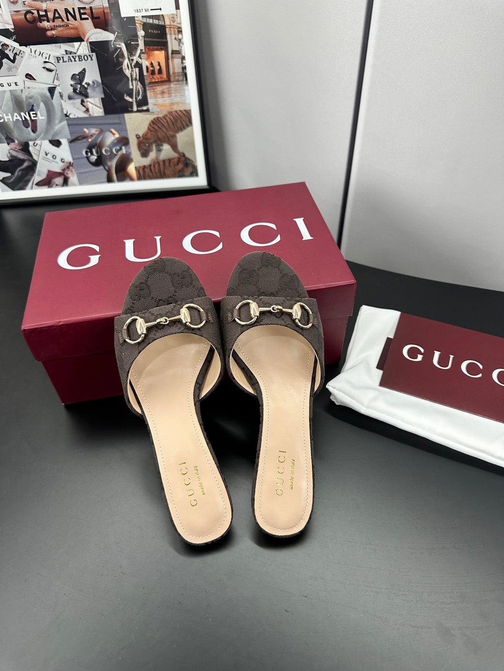 GUCCI 26S HIGH-HEELED SANDALS 50 MM IN DARK BROWN CANVAS