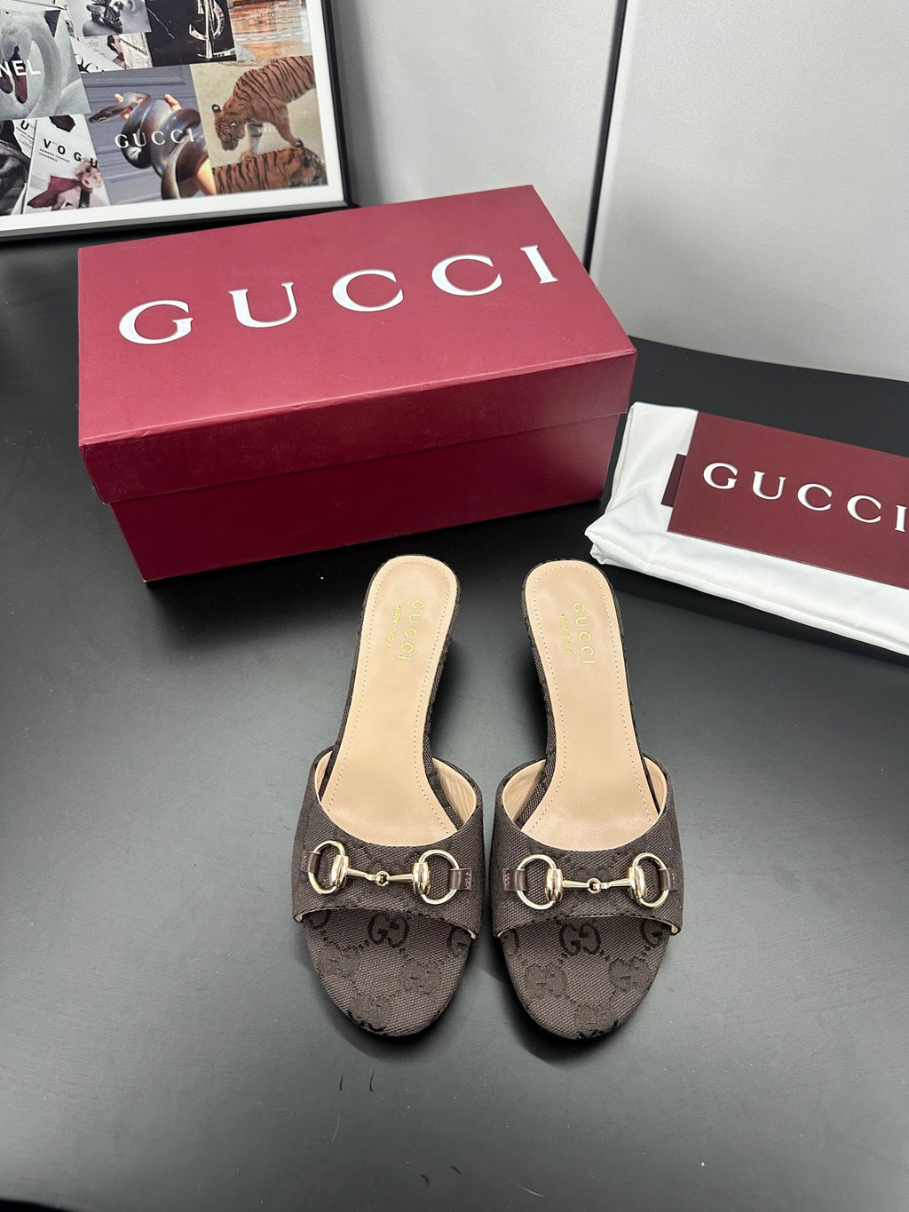 GUCCI 26S HIGH-HEELED SANDALS 50 MM IN DARK BROWN CANVAS