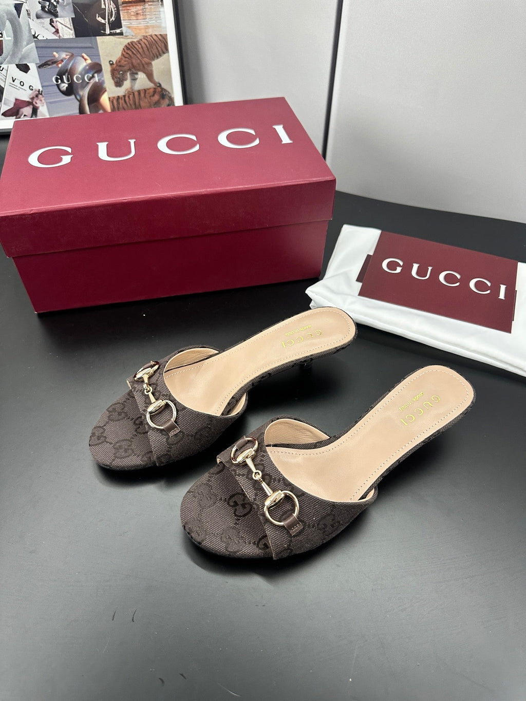 GUCCI 26S HIGH-HEELED SANDALS 50 MM IN DARK BROWN CANVAS