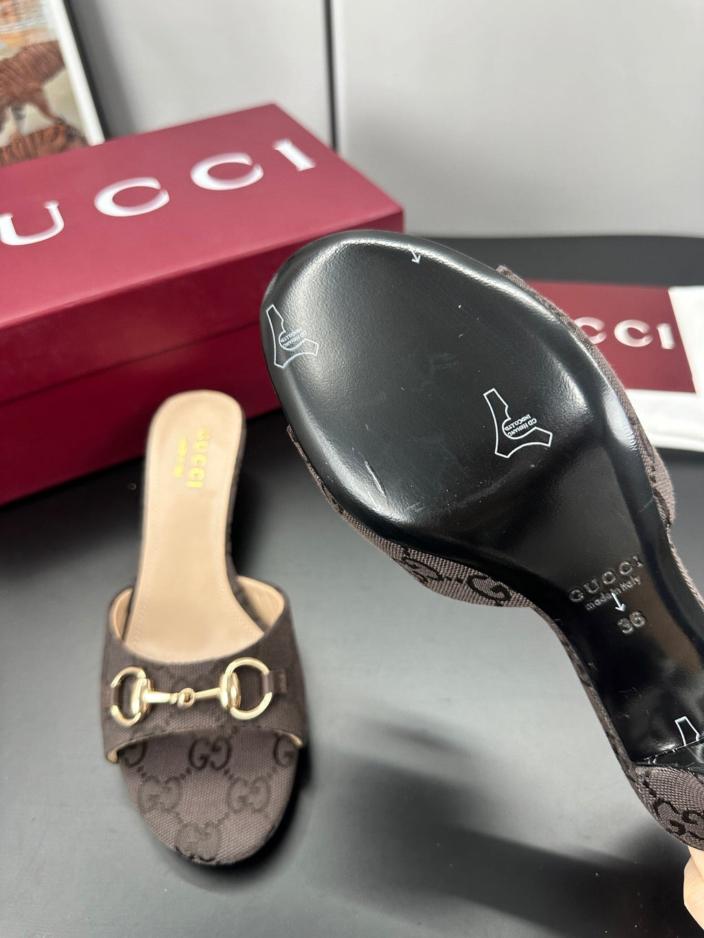 GUCCI 26S HIGH-HEELED SANDALS 50 MM IN DARK BROWN CANVAS
