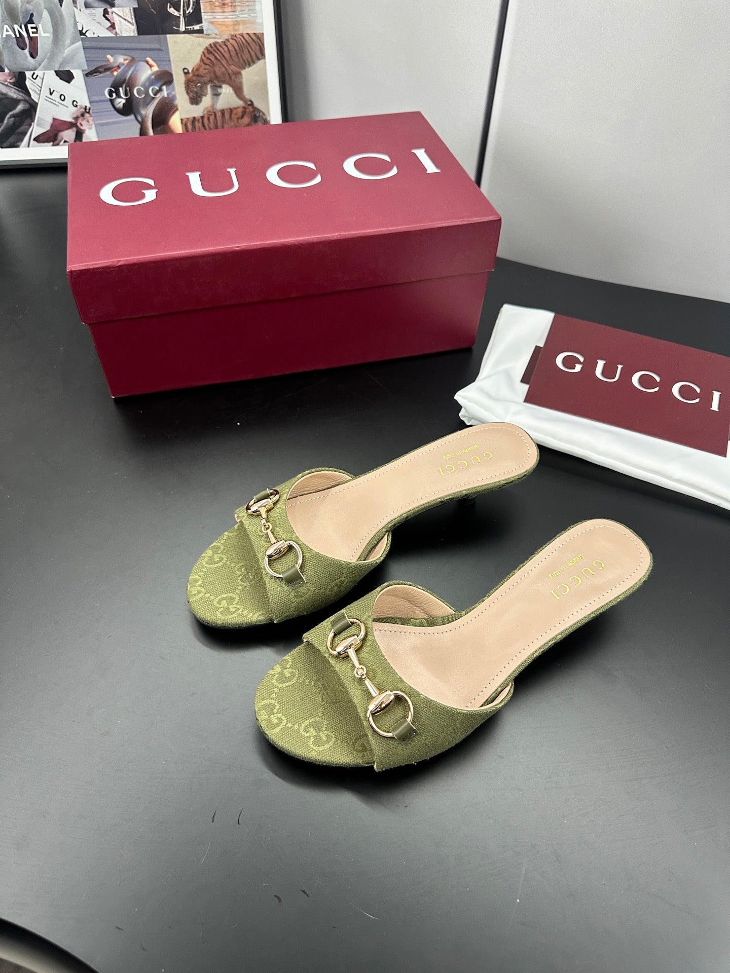 GUCCI 26S HIGH-HEELED SANDALS 50 MM IN MOSS GREEN CANVAS