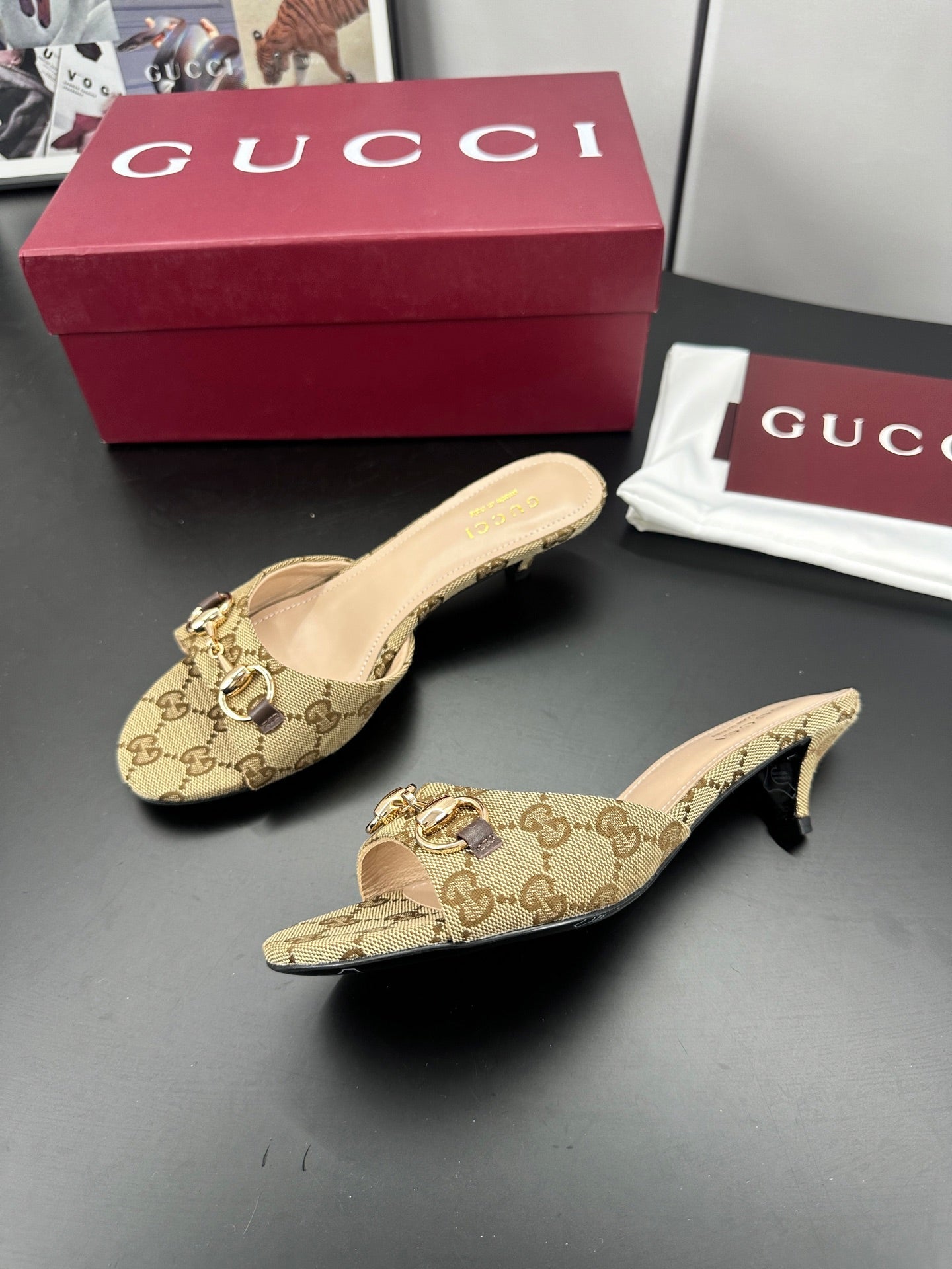 GUCCI 26S HIGH-HEELED SANDALS 50 MM IN DARK BEIGE CANVAS