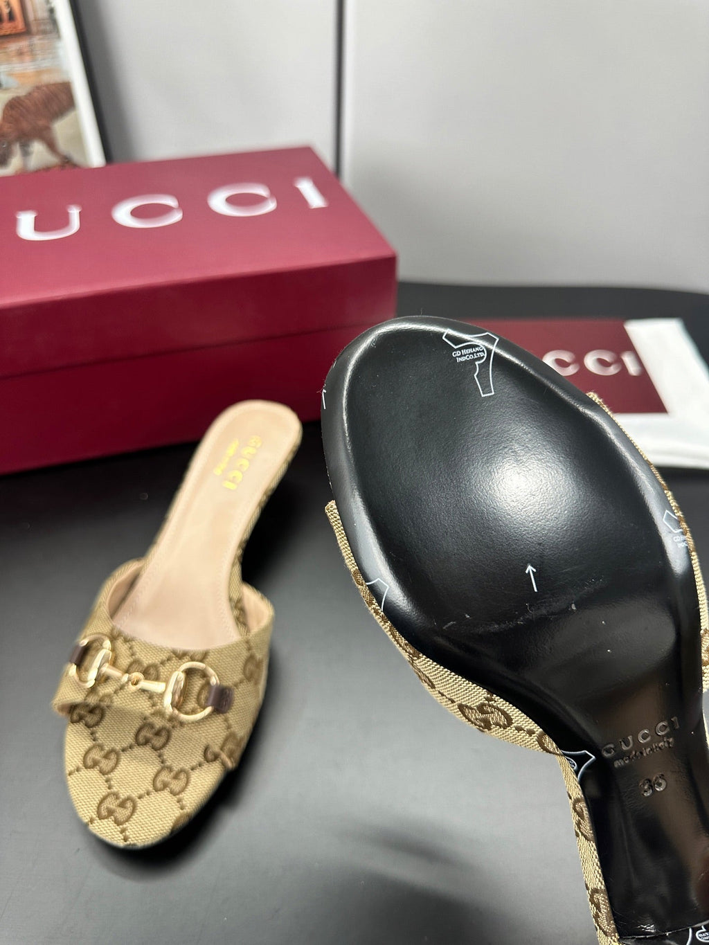 GUCCI 26S HIGH-HEELED SANDALS 50 MM IN DARK BEIGE CANVAS