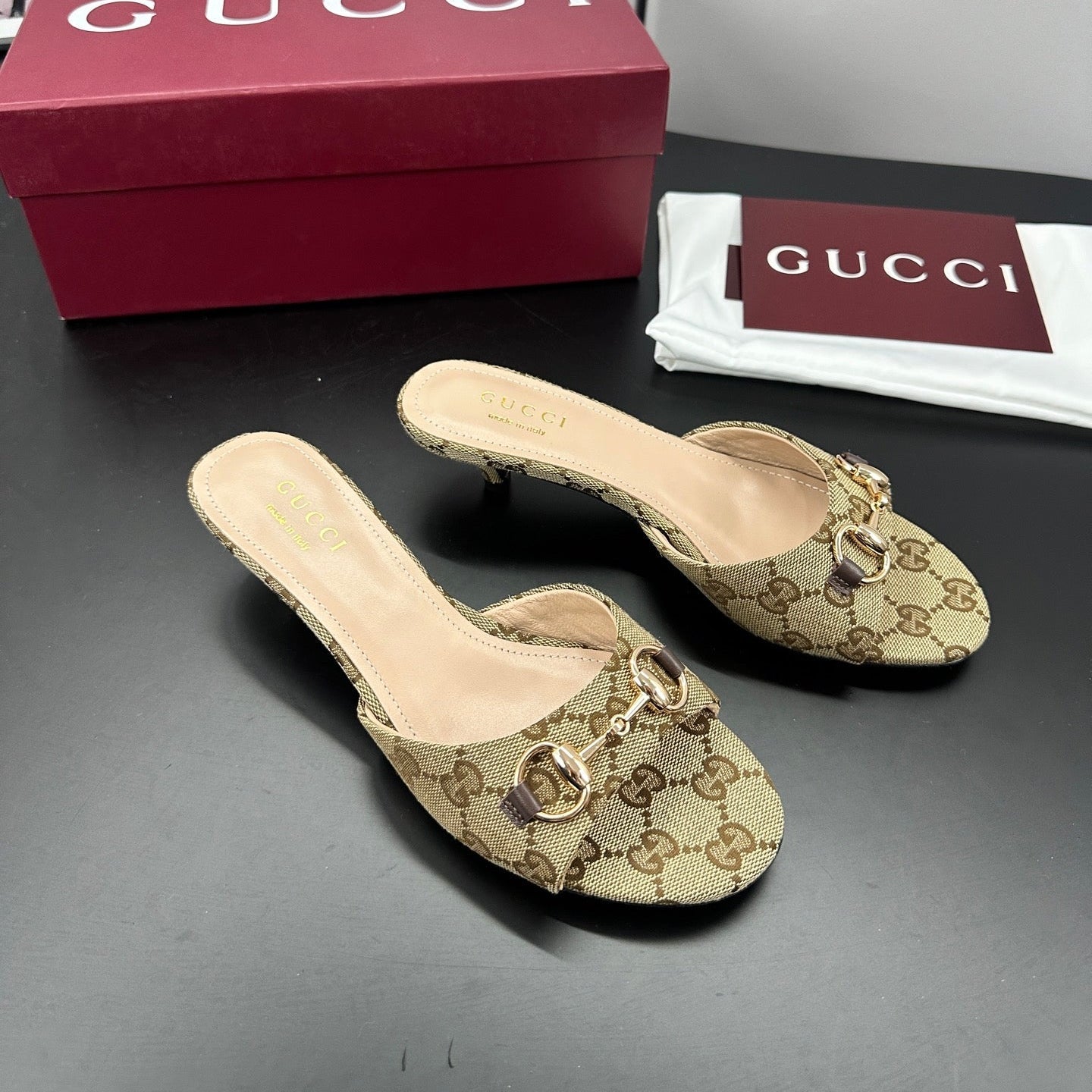 GUCCI 26S HIGH-HEELED SANDALS 50 MM IN DARK BEIGE CANVAS