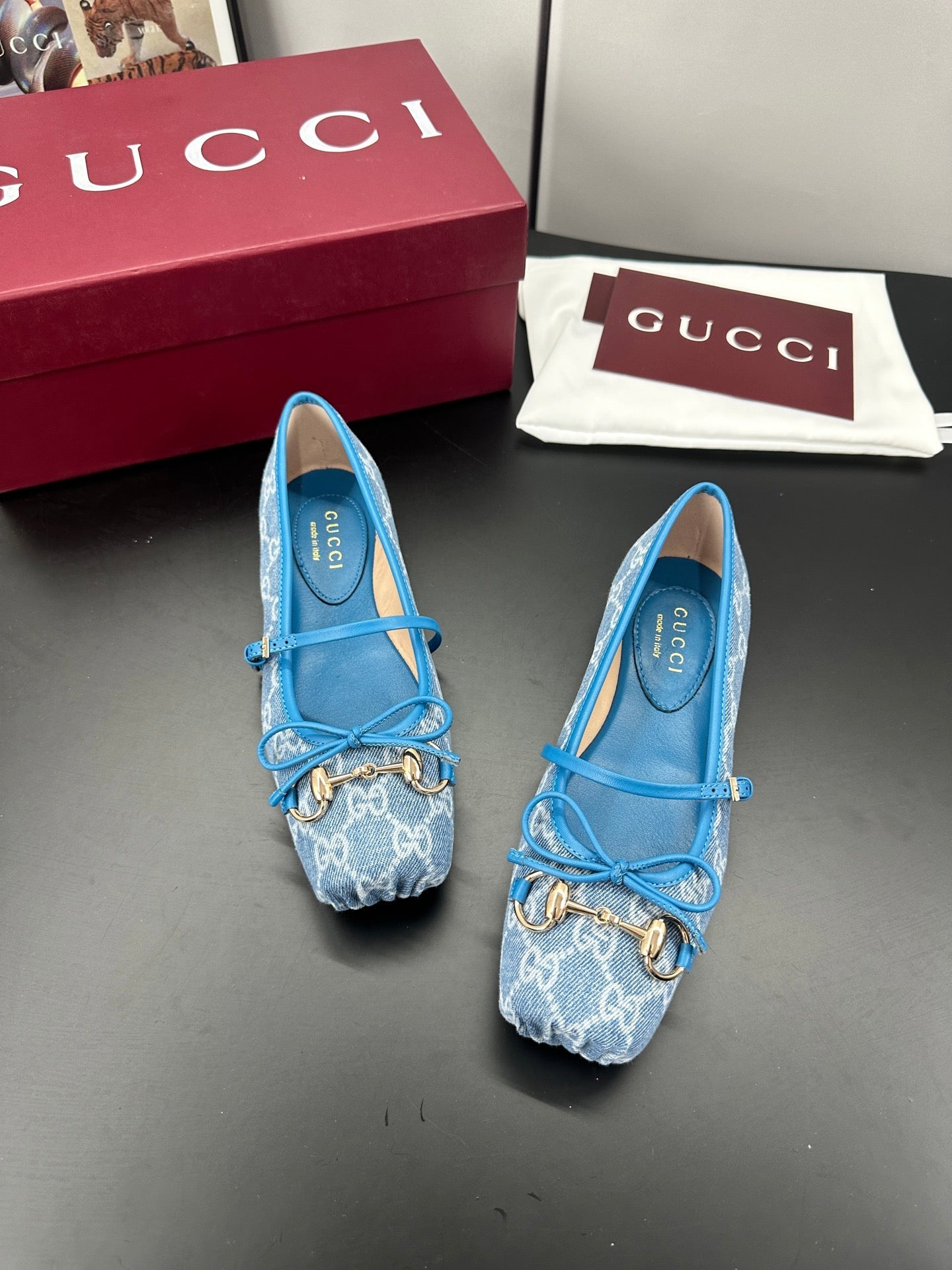GUCCI 26S BALLET FLATS IN BLUE DENIM