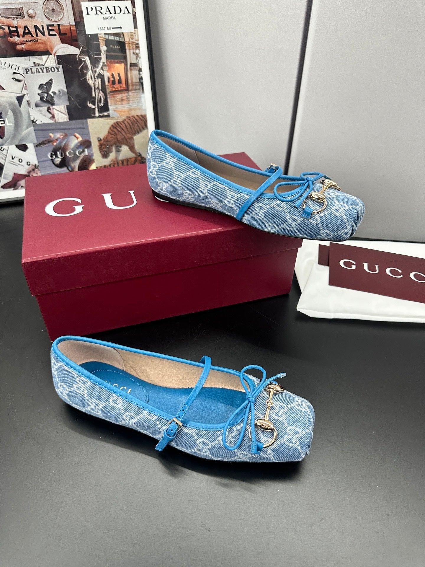 GUCCI 26S BALLET FLATS IN BLUE DENIM